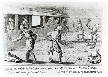 Ein Spiel Real Tennis mit Sportballaden darunter